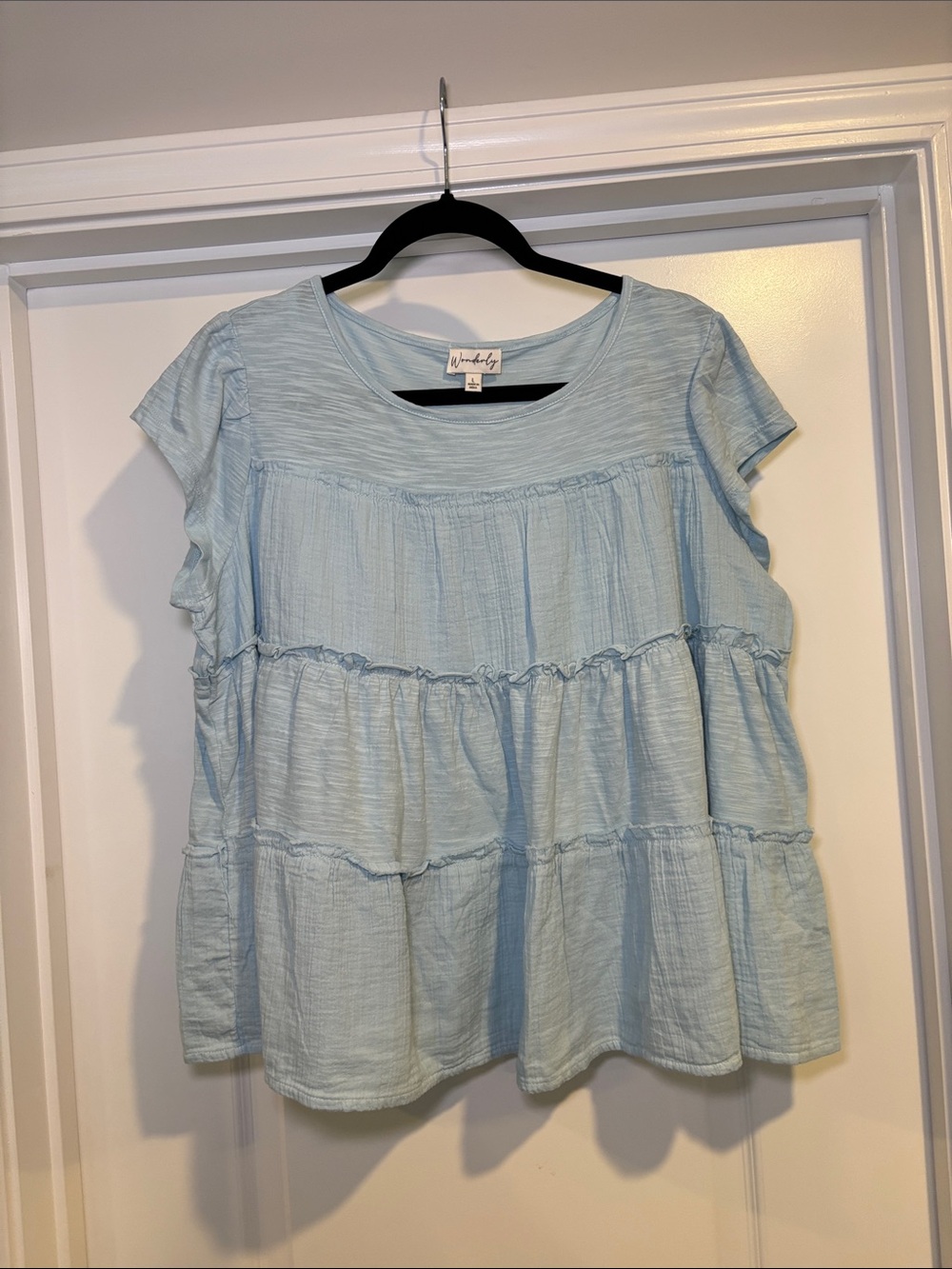 NWOT Wonderly Light Blue Tiered Short Sleeve Blouse
